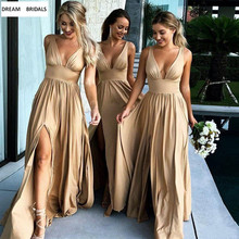 2022 Sexy Deep V-Neck Long Champagne Bridesmaid Dresses Empire Split Side Floor Length Beach Boho Wedding Guest Dresses 2024 - buy cheap