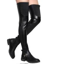 Fall winter square flat heel black leather stretchy long boots buckle strap thigh high boots for women 2024 - buy cheap