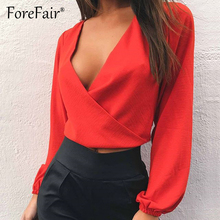 Foreair blusas curtas de chiffon femininas, blusas vermelho elegante com decote v branco manga longa sem costas e laço para mulheres 2024 - compre barato