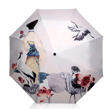 Revestimento preto ensolarado e chuva guarda-chuva três vezes paraguas feminino parasol anti-uv à prova duv água guarda-chuva 2024 - compre barato