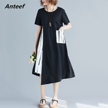 Vestido holgado informal de lino y algodón para verano, prenda elegante de manga corta con estampado floral, color negro, 2021 2024 - compra barato