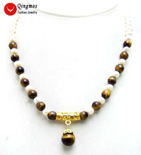 Женское Ожерелье-чокер Qingmos с натуральным желтым тигровым глазом 12 мм, ожерелье с белым жемчугом 6-7 мм и тигровым глазом 6 мм 17 дюймов 2024 - купить недорого