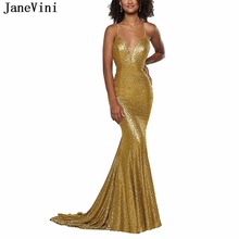 Janevini 2020 ouro brilho vestido sexy sereia longo vestidos de baile com decote em v lantejoulas sem costas plus size africano preto meninas vestidos de baile 2024 - compre barato