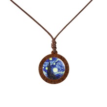 The Starry Night Pendant Van Gogh Necklace Glass Art Painting Wood Pendants Jewelry Moon and Stars Necklaces 2024 - buy cheap