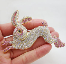 Pretty Pink Rabbit Animal Gold Tone Woman Brooch Pin Crystal Rhinestone 2024 - buy cheap