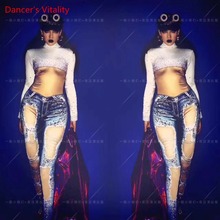 Nightclub Bar Fashion Casual Women Sexy False Perspective Splicing Jeans Body Suit DJ Pole Dance Performance Costume Outfits 2024 - buy cheap