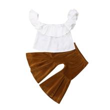 1-5Y Summer Fashion Infant Baby Girls 2PCS Sets Short Sleeve Ruffles Off Shoulder White T-Shirts+Velvet Flare Pants 2024 - buy cheap