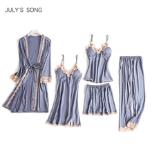 JULY'S SONG-Conjunto de pijama de satén con encaje para mujer, ropa de dormir Sexy, a la moda, para verano y primavera, 5 piezas 2024 - compra barato