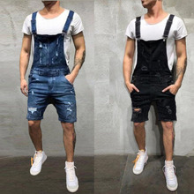 2020 oversize moda homens rasgados macacões shorts de verão hi street plissados macacões jeans calças suspensas para homens 2024 - compre barato