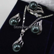 LHX54012>>>Classic Black South sea Shell Pearl Earrings Ring /Necklace Pendant Set AAA 2024 - buy cheap