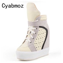 women ultra high platform height increasing 14cm wedges high heels thick bottom lace up casual shoes high top boots elevator 2024 - buy cheap