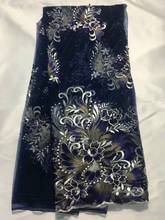 5 ярдов/шт Самые популярные Темно-Синие французские кружевные ткани с бисером цветочной вышивкой африканские сетчатые кружева для платья QN80-4 2024 - купить недорого
