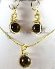 12mm Chocolate perla de concha del Mar del Sur pendientes y conjunto de colgante de collar de 18" 2024 - compra barato