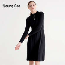 Young gee vestido feminino elegante de malha, vestido de outono e inverno com botões decorados, casual e de manga comprida, vestidos plissados 2024 - compre barato