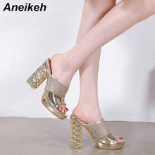 Aneikeh 2019 Patent Leather Mesh Shallow Mouth Slippers Summer Crystal Thick With Waterproof Platform High Heel Open Toe Shoes 2024 - buy cheap