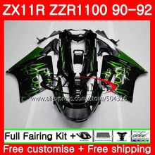 Body For KAWASAKI NINJA ZZR1100 ZX11R ZX-11R ZZR 1100 5SH.9 ZX11 ZX11R 90 91 92 ZX 11R  1990 1991 1992 Fairings Kit Green flames 2024 - buy cheap