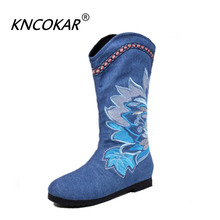 KNCOKAR Old Beijing Cloth Shoe Women's Single Boot Short Boot Inside Heighten National Wind Cotton Embroidery Women's Boots 2024 - buy cheap