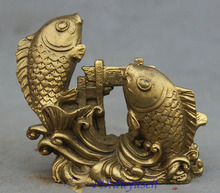 Crafts statue Chinese Folk Pure Brass 2 Auspicious Fish Carp Cyprinoid Jump Dragon Door Statue 2024 - buy cheap