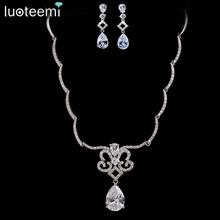 LUOTEEMI Wholesale Luxury White Gold-Color Bridal Wedding Clear CZ Necklace Earrings Jewelry Set  for Dinner Party Accessories 2024 - buy cheap