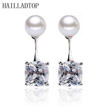 Pendientes brillantes de perlas de cristal de circonia cúbica, pendientes de tuerca de cristal austriaco con perlas grandes 2024 - compra barato