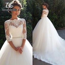 Bateau Ball Gown Wedding Dresses Three Quarter Sleeves Illusion Back Beading Waist Court Train Bridal Dress with Back Buttons 2024 - buy cheap