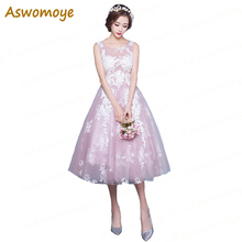 Aswomoye Pink Evening Dress 2018 New Appliques Sleeveless Sexy Backless Party Dress Illusion O-neck A-Line robe de soiree 2024 - buy cheap