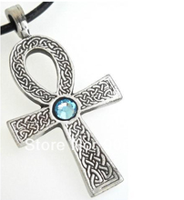 30pcs a lot  antique silver plated  religious  ankh  cross with bright blue  crystal pendant necklace jewelry 2024 - buy cheap