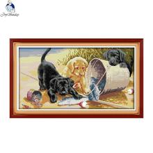 Joy Sunday Three dogs 4 Counted DIY Hand Cross Stitch 11CT 14CT DMC Printed Cloth for Embroidery set Home Decor Needlework 2024 - buy cheap