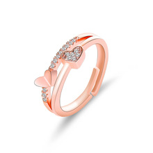 Doreenbeads anéis da moda prata rosa ouro duplo coração amor strass abertura ajustável anel de noivado acessórios, 1 peça 2024 - compre barato