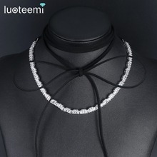 LUOTEEMI Vintage Black Suede with Trendy Geometric Cubic Zirconia Chain Choker Necklace For Women Party Jewellery 2024 - buy cheap