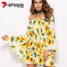 AECU Sunflower Summer Dress Women Boho Tunic Short Beach Dresses Off Shoulder Long Flare Sleeve Dress Lace Up Female Dresses 2024 - buy cheap