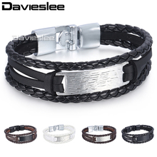 Davieslee Womens Mens Chain ID Bar Charm Bracelet Wristband Man-made Leather Braided Rope Link Black Silver Color 11mm LLBM115 2024 - buy cheap