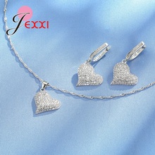 Os recém chegados de luxo coração adorável 925 prata esterlina completa cristais colar brinco conjunto jóias casamento para as meninas femininas 2024 - compre barato
