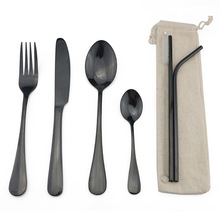 Balck Stainless Steel Cutlery Set Mirror Flatware Set with Metal Straw Travel Hiking Dinner Set Knife Fork Spoon Silverware Set 2024 - buy cheap