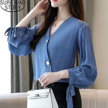 Blusas Mujer De Moda 2021 Womens Tops And Blouses Button Chiffon Blouse Solid V-Neck Lantern Sleeve Shirts Full 1985 50 2024 - buy cheap