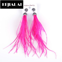 KEJIALAI Long Feather Earrings Colorful Ostrich Feather Jewelry for Women Girls Ethnic Vintage Rhinestone Dangle Drop Earrings 2024 - buy cheap