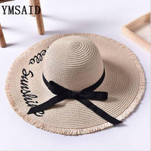 Ymsaid Wide Brim Sun Hats For Women Letter Embroidery Black Bow Panama Straw Hat Folded Floppy Beach Ladies Caps Chapeu Feminino 2024 - buy cheap