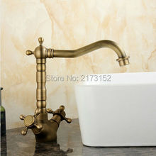 Free Shipping Royal Antique Brass Long Mouth Bathroom Faucet Double Wheel Handle Swivel Brass Basin Sink Mixer Tap A-056 2024 - buy cheap