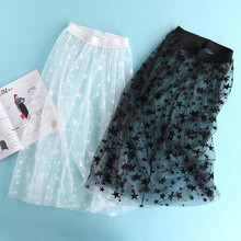 Korean Women Spring Summer Stars Mesh Long Skirt Casual Sexy Elastic High Waist Transparent Tulle Lace A-Line Black Skirts 69 2024 - buy cheap