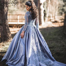 Синее свадебное платье, винтажное бальное платье с круглым вырезом, арабские свадебные платья, большие размеры, свадебные платья из атласа с длинным рукавом, кружевные аппликации, W14 2024 - купить недорого
