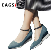 EAGSITY Denim wedges shoes for women high heel pointed toe ankle strap ladies shoes pumps 5.5cm heel height 2024 - buy cheap