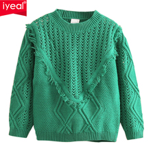 Iyeal suéter folgado de malha para meninas, pulôver casual verde do exército primavera crianças vazado com borla gola o, tops outono jumper 2024 - compre barato