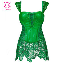 Green Floral Lace & Leather Gothic Steampunk Corset Burlesque Dress Costume Sexy Waist Trainer Corsets Plus Size Lingerie 6XL 2024 - buy cheap