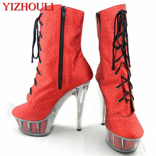 Классические привлекательные туфли на высоком каблуке 15 см, полусапожки на платформе с круглым носком, привлекательные полусапожки, обувь с кристаллами 6 дюймов 2024 - купить недорого