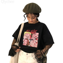 Qlychee Mesh Patchwork Cartoon Letter T Shirts Female Long Sleeve Lace T-shirts Spring Autumn Casual Loose Tee Tops 2024 - buy cheap