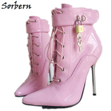 Sorbern rosa mulher apontou toe tornozelo boot para mulher senhora cross-amarrado 12cm metal de salto alto sexy fetiche cadeados com fechadura botas 2024 - compre barato