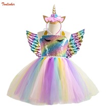 Halloween Girls Unicorn Tutu Dress With Gold Headband Wings Set Kids Rainbow Sequin Princess Party Dress Children Cosplay Costum 2024 - buy cheap