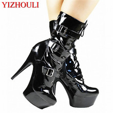 Sexy black PU leather buckle heel boots for fashionable women, 15cm pole dance practice ankle boots 2024 - buy cheap