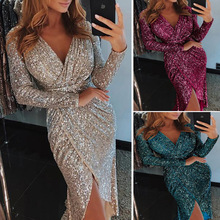 2020 New Sexy V Full Sleeves Sequined Cocktail Dresses Knee Length Split Joint For Night Cocktail Party Weomen Dress 2024 - buy cheap
