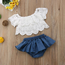 Newborn Baby Girls Off Shoulder Clothes Floral Lace Collar Tops+Denim Hakama Pants Outfits 2024 - buy cheap